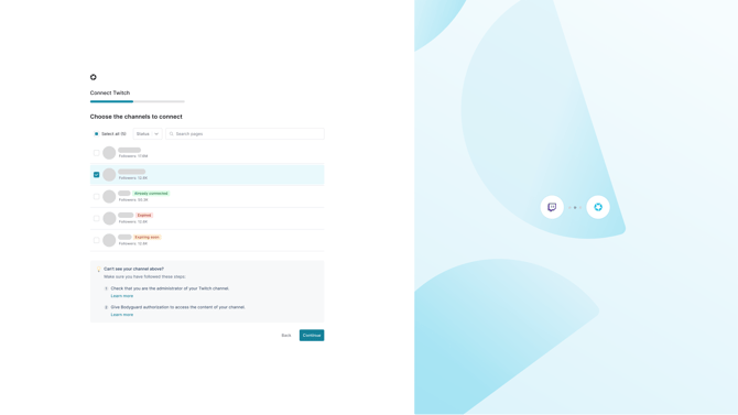 Twitch connection funnel - page selection